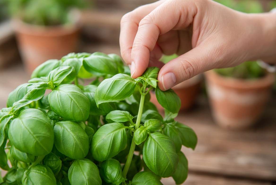 Close-up of a gardener's hand pinching the stem of a basil plant above a leaf node.