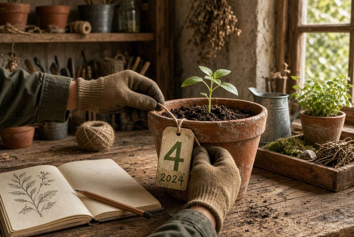 Gardener labeling container pots with numbered tags for rotation tracking with a garden journal nearby.