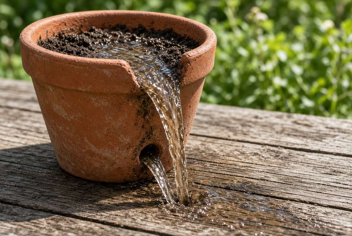 Close-up of water leaking brown nutrients from the drainage hole of a container plant, illustrating nutrient washout.