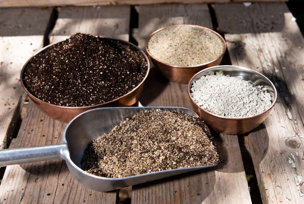 Gritty DIY cactus potting soil recipe ingredients: organic soil, coarse sand, and pumice shown in separate bowls.