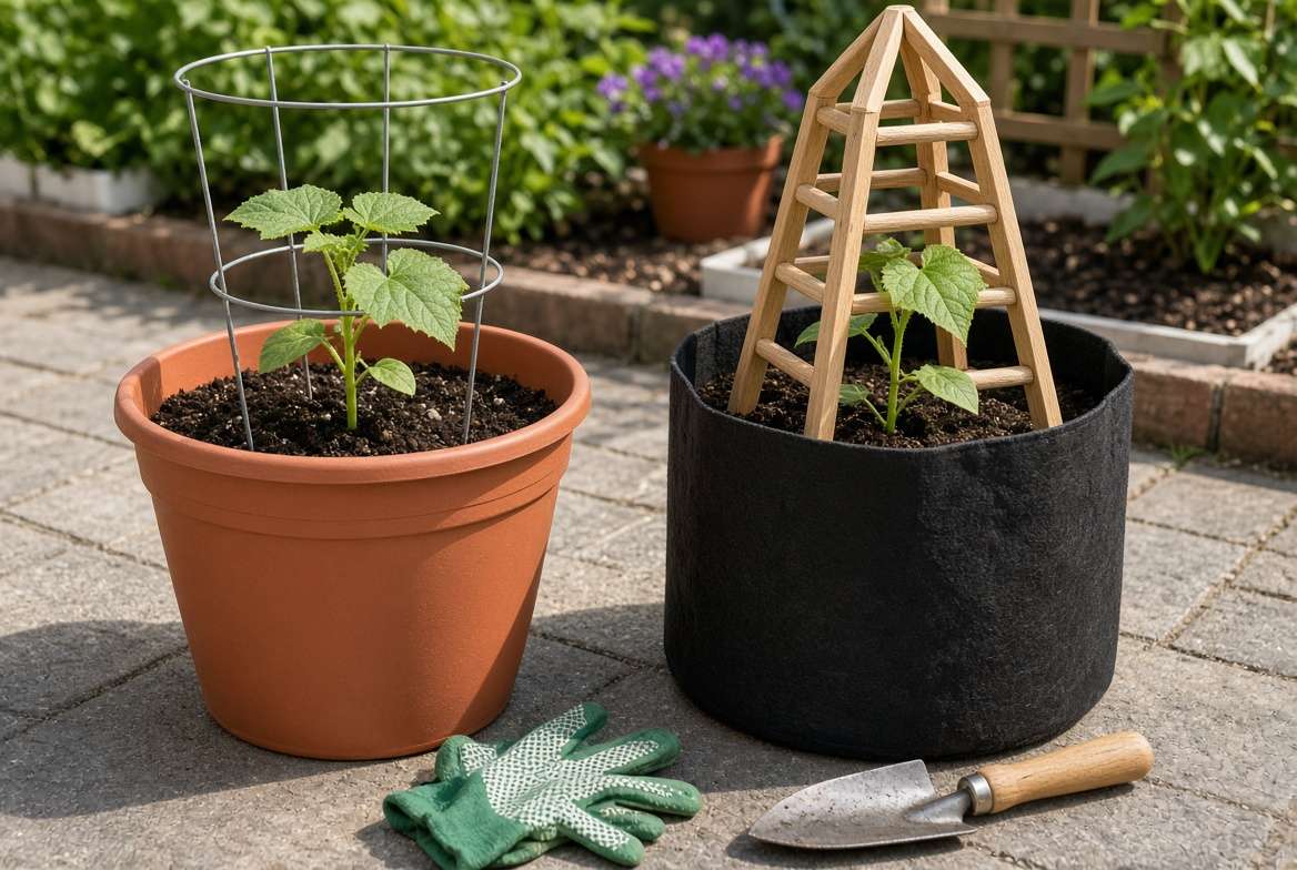 Comparison of different pots and trellises for growing cucumbers in containers.