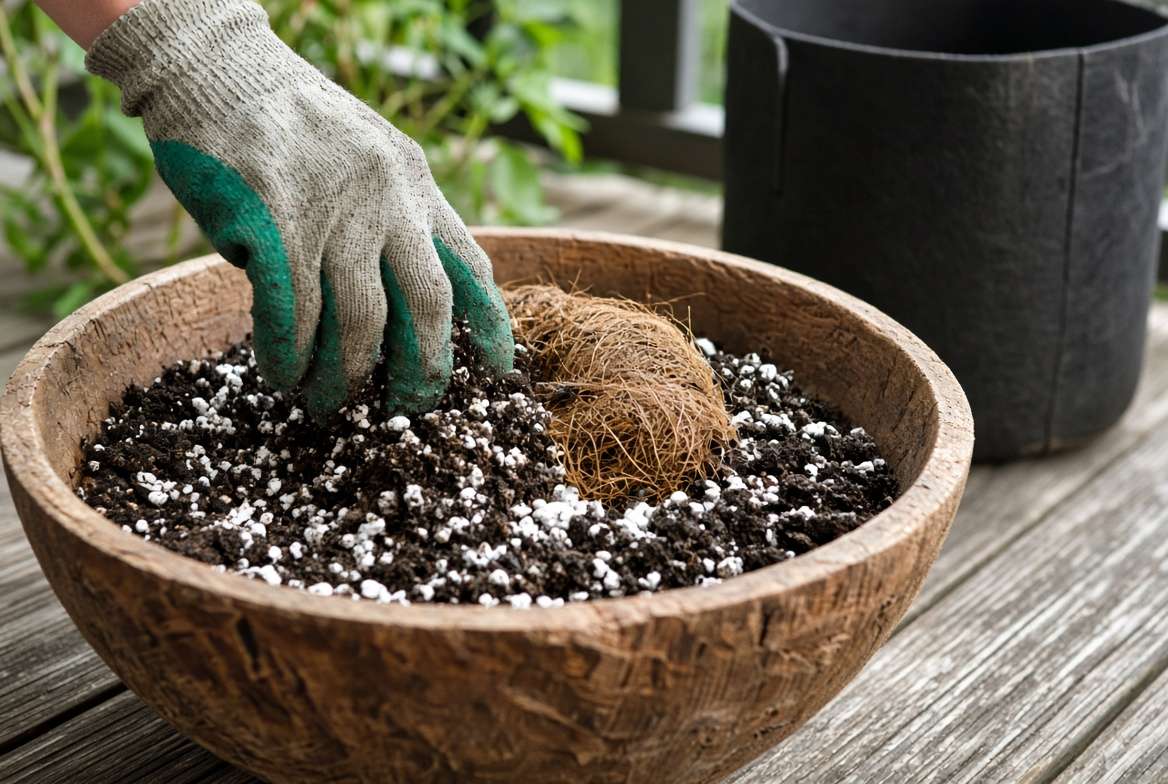 A loose, lightweight soil mixture containing coco coir, perlite, and compost for use in vertical grow bags for vegetables.
