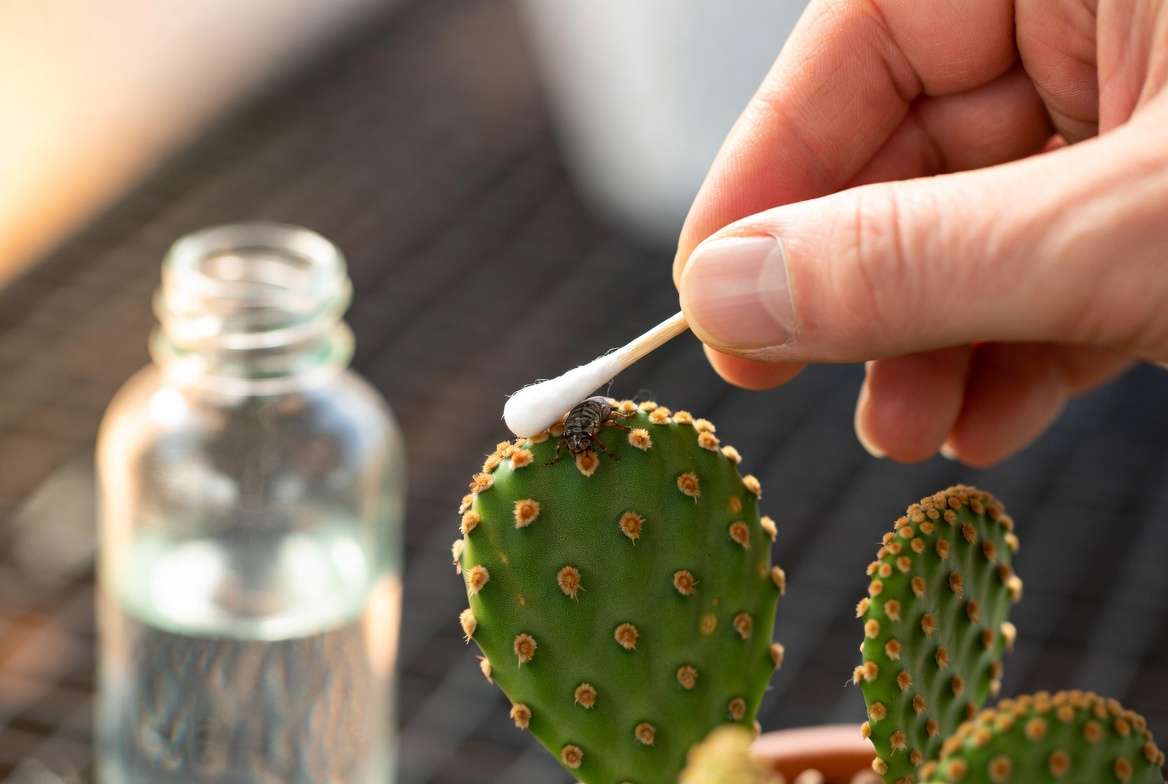 Using a cotton swab soaked in rubbing alcohol to gently treat individual scale insects on a cactus.