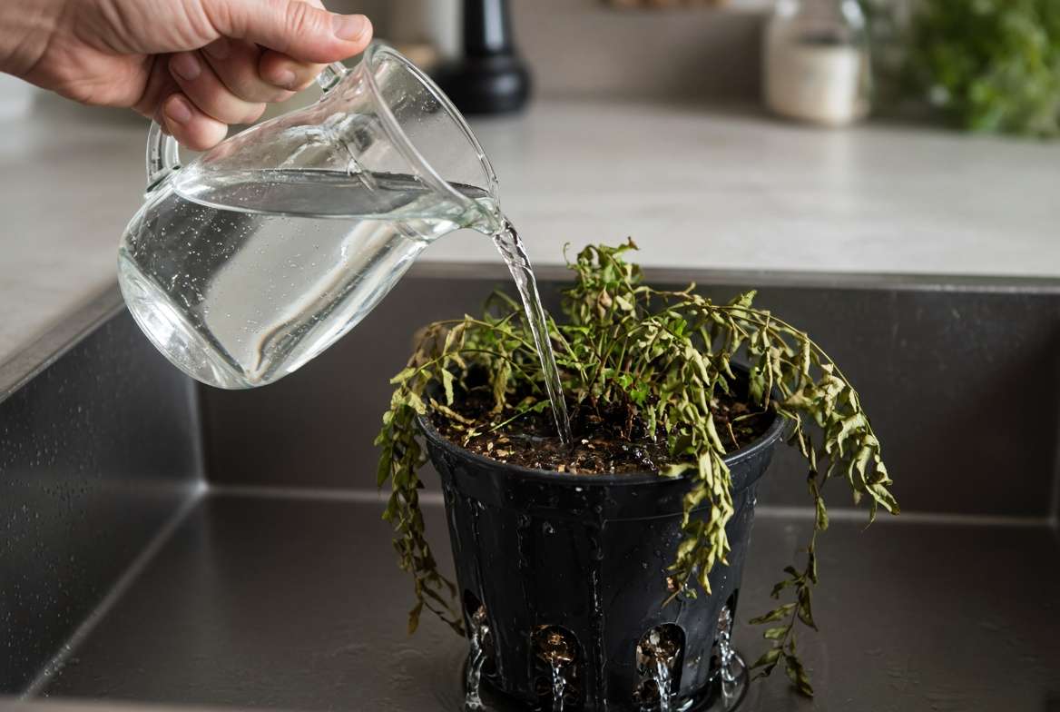 A hand flushing a potted plant with fresh water in a sink to treat severe fertilizer burn symptoms.