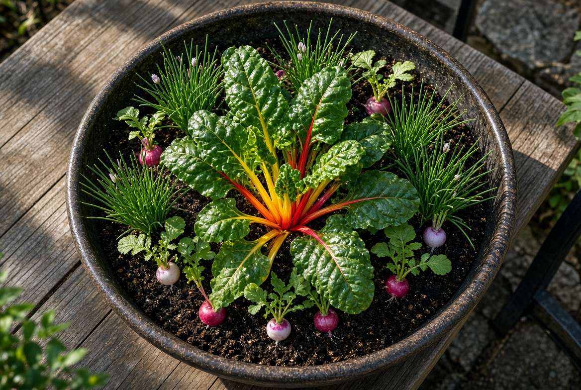 a thriving container bowl planter with swiss chard, chives, and maturing radishes ready for harvest