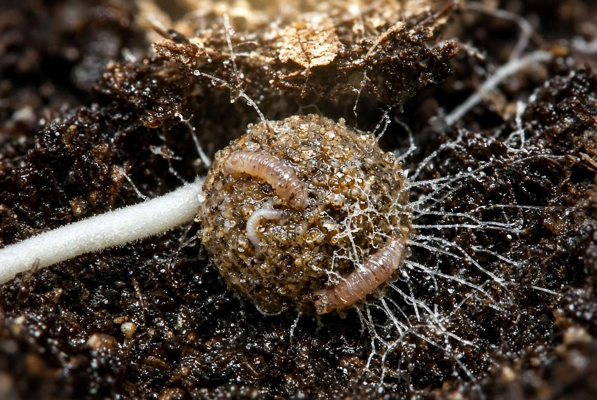 A detailed macro view of a slow-release fertilizer pellet breaking down and releasing nutrients into moist soil, activated by water and beneficial microbes, showing interaction with plant roots.