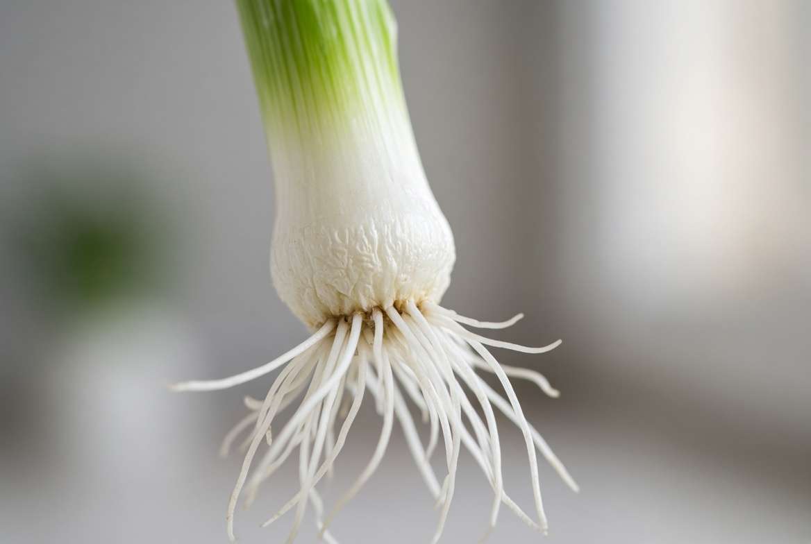 Macro photography showing the basal plate and roots of a scallion (green onion) for regeneration