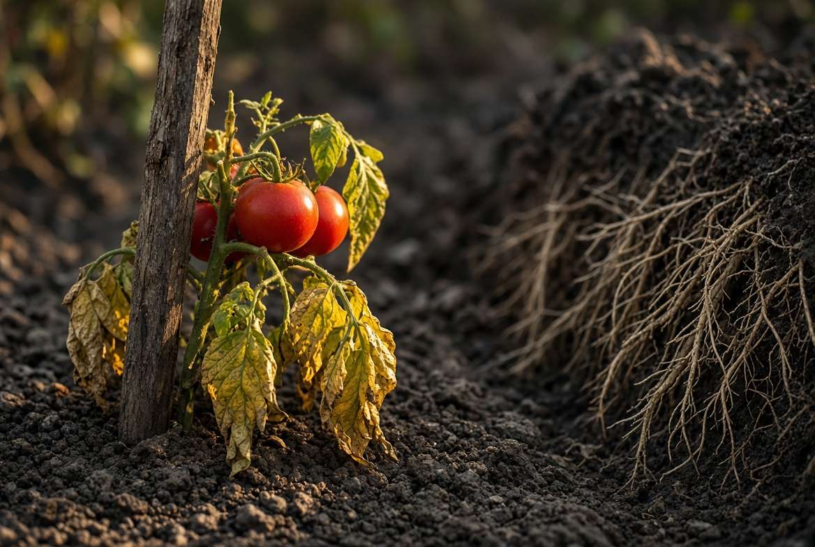 Close-up photograph of a late-season tomato plant roots in depleted soil, with withered lower leaves near ripe fruit.