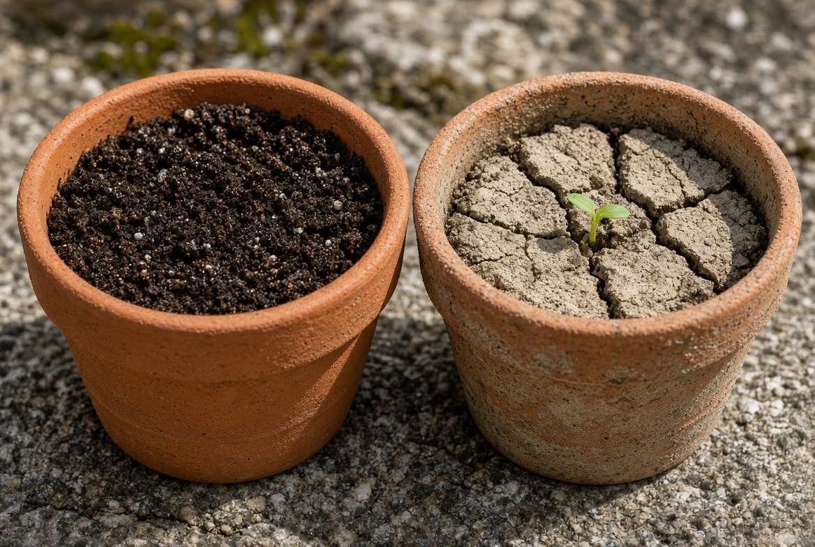 A visual comparison between rich, healthy potting soil and dense, exhausted container soil.