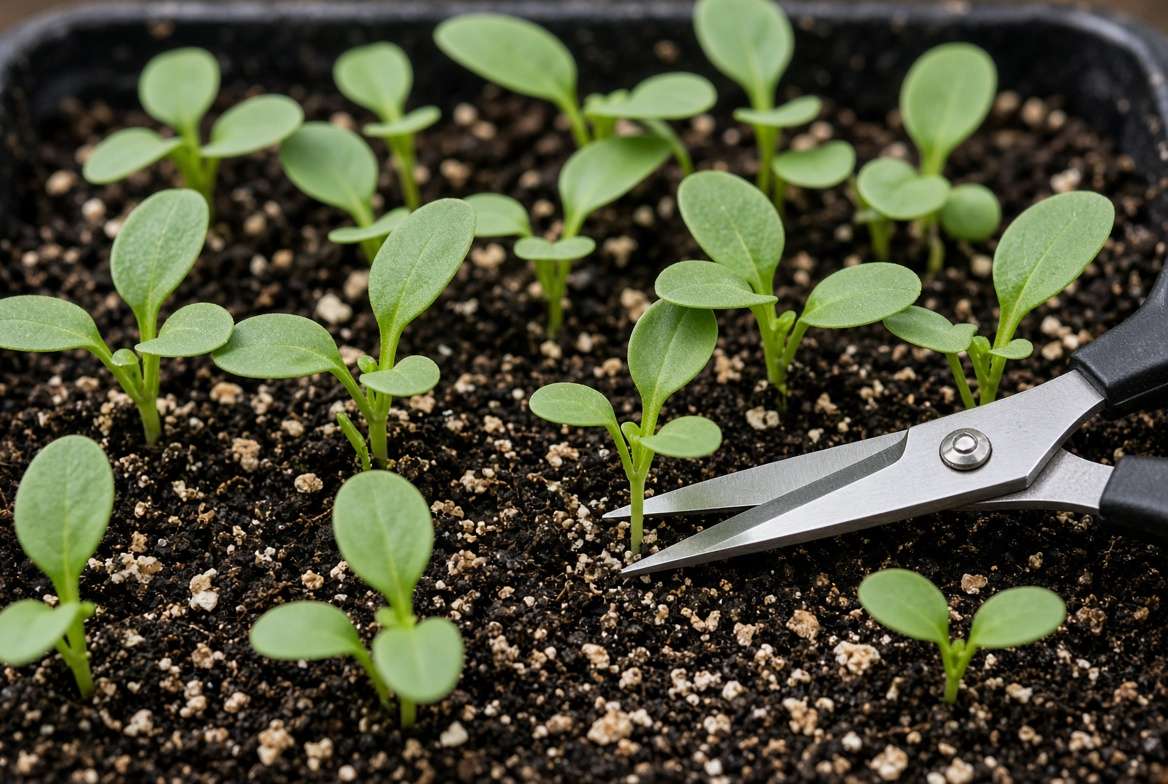 Small metal scissors being used to thin out a cluster of young, green spinach seedlings growing in a small container.