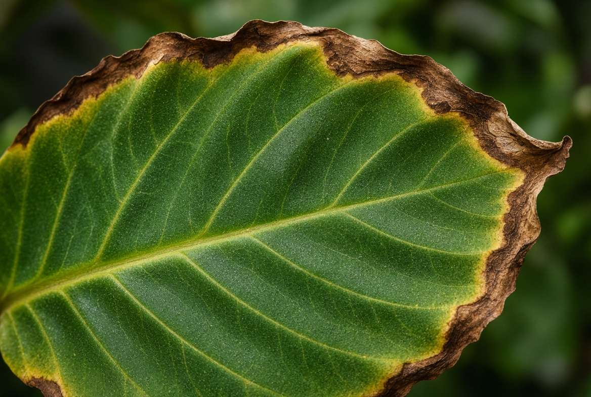 A close-up view of a plant leaf showing classic fertilizer burn symptoms with crispy, brown margins.