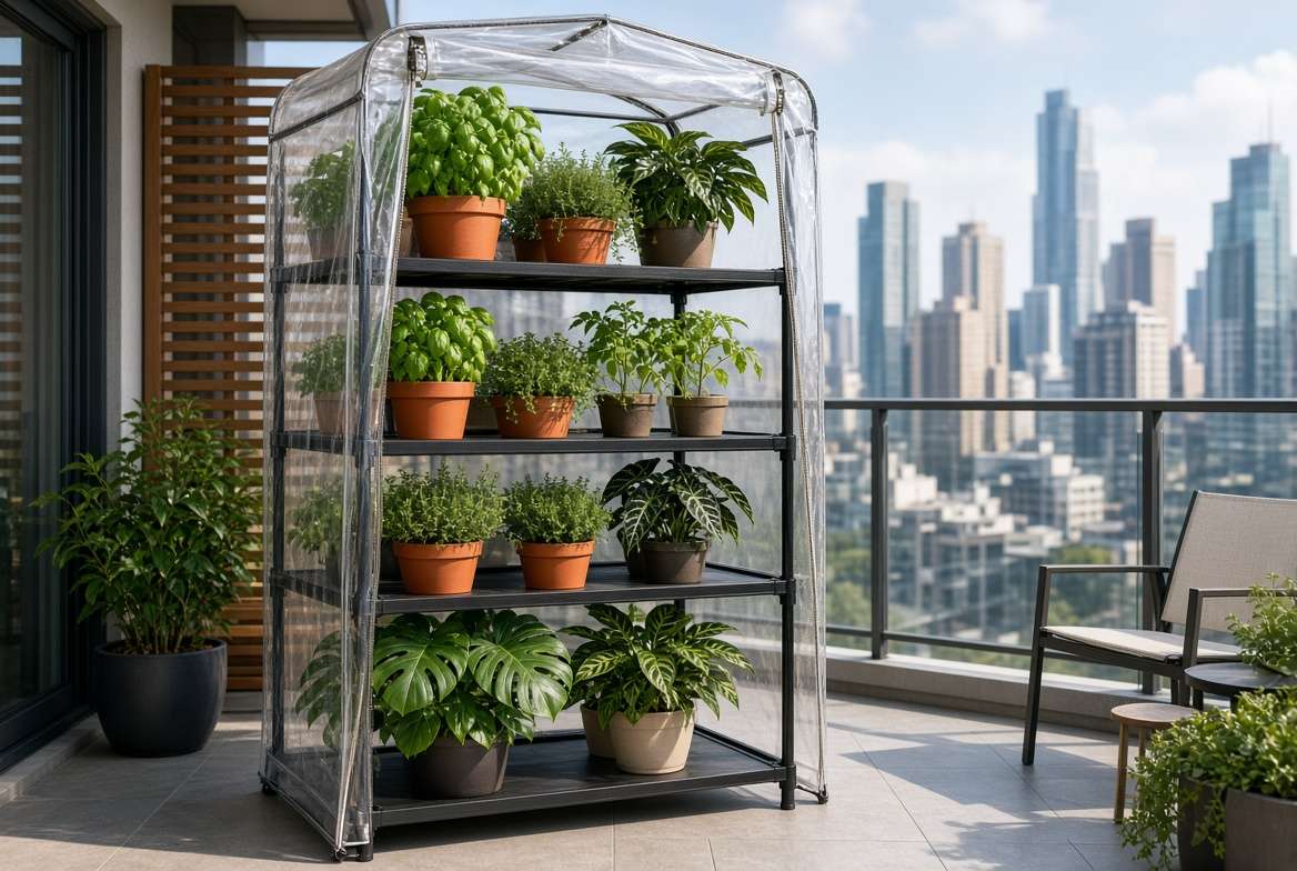 Tiered vertical pop-up balcony greenhouse filled with potted herbs and seedlings on a city apartment patio.