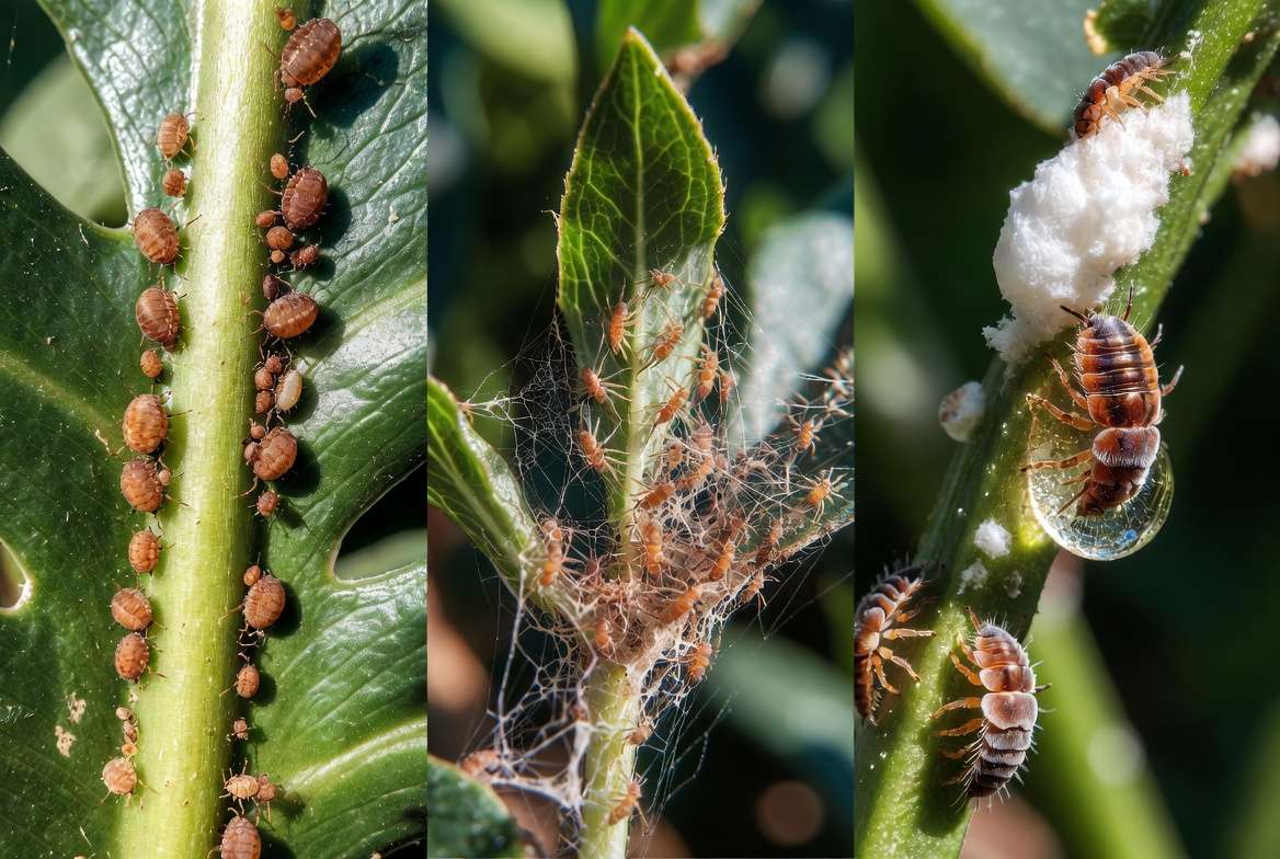 A composite image showing extreme macro close-ups of common houseplant pests: brown scale insects, spider mites with webbing, and white fuzzy mealybugs on leaves.