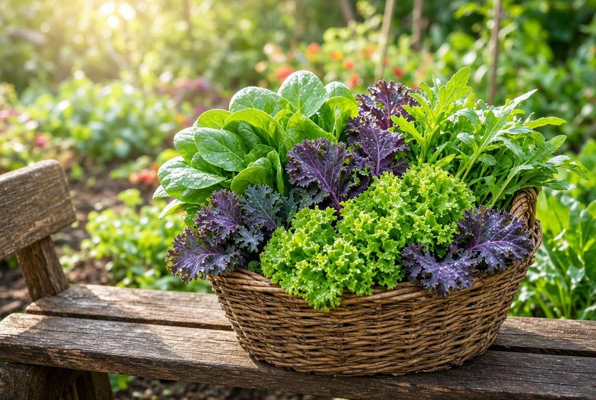 A mixed harvest of fresh cut-and-come-again leafy greens, including kale, spinach, and arugula, in a rustic basket.