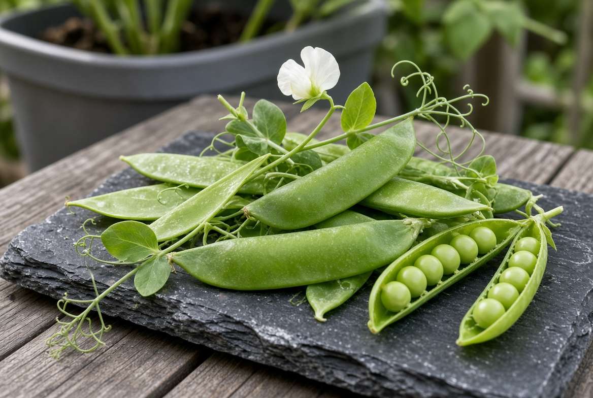 Freshly harvested sugar snap peas, snow peas, and shelling pea pods on a rustic slate board in a patio container garden.