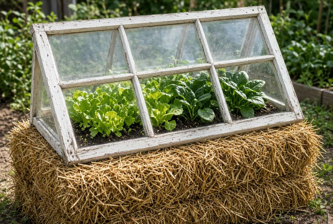 DIY cold frame made from an upcycled wooden window sash and straw bales protecting winter lettuce plants.