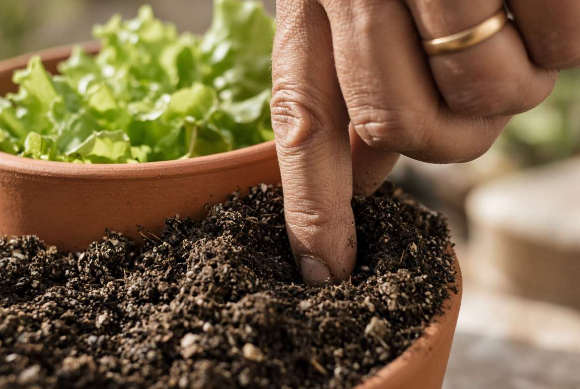 Extreme close-up macro photograph showing a gardener's finger inserted deep into the soil of a container plant, illustrating the "finger test" method for checking soil moisture, with a blurred lettuce plant background