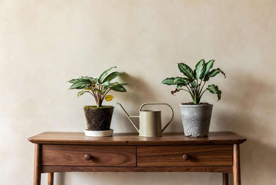 Comparison of two Chinese Evergreen plants, one exhibiting overwatering (yellow leaves) and the other underwatering (crispy edges and dry soil), side-by-side.