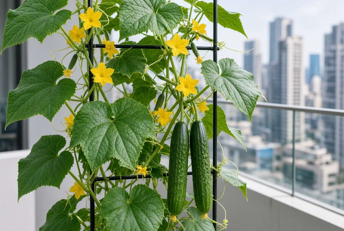 Healthy Diva cucumber vine on a trellis showing female flowers and hanging fruit.