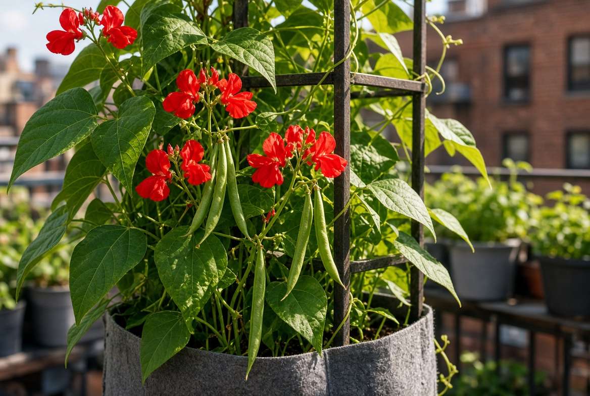 Scarlet Runner bean plant in full bloom with red flowers and young pods climbing a metal trellis in a fabric grow bag.