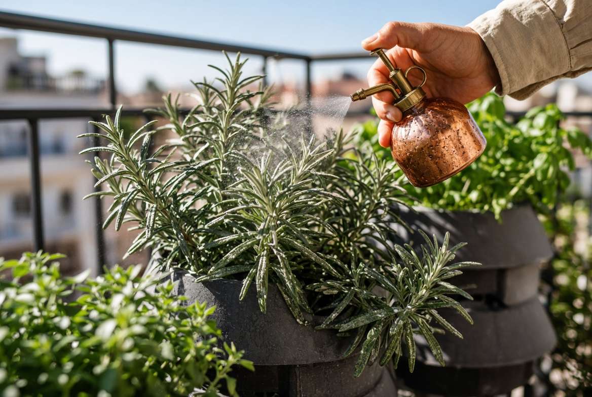A gardener misting herbs on a balcony to control spider mites and increase humidity.