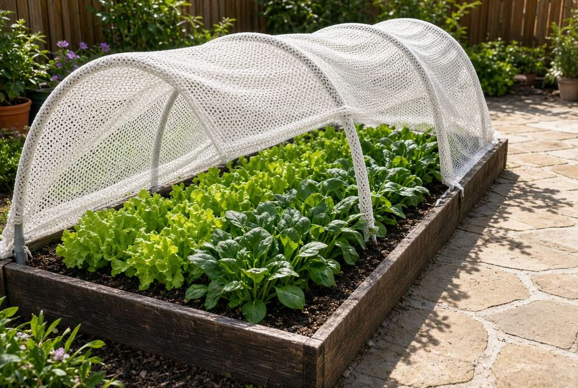 A simple hoop structure covered in breathable white shade cloth protecting rows of leafy greens from summer heat to prevent bolting.