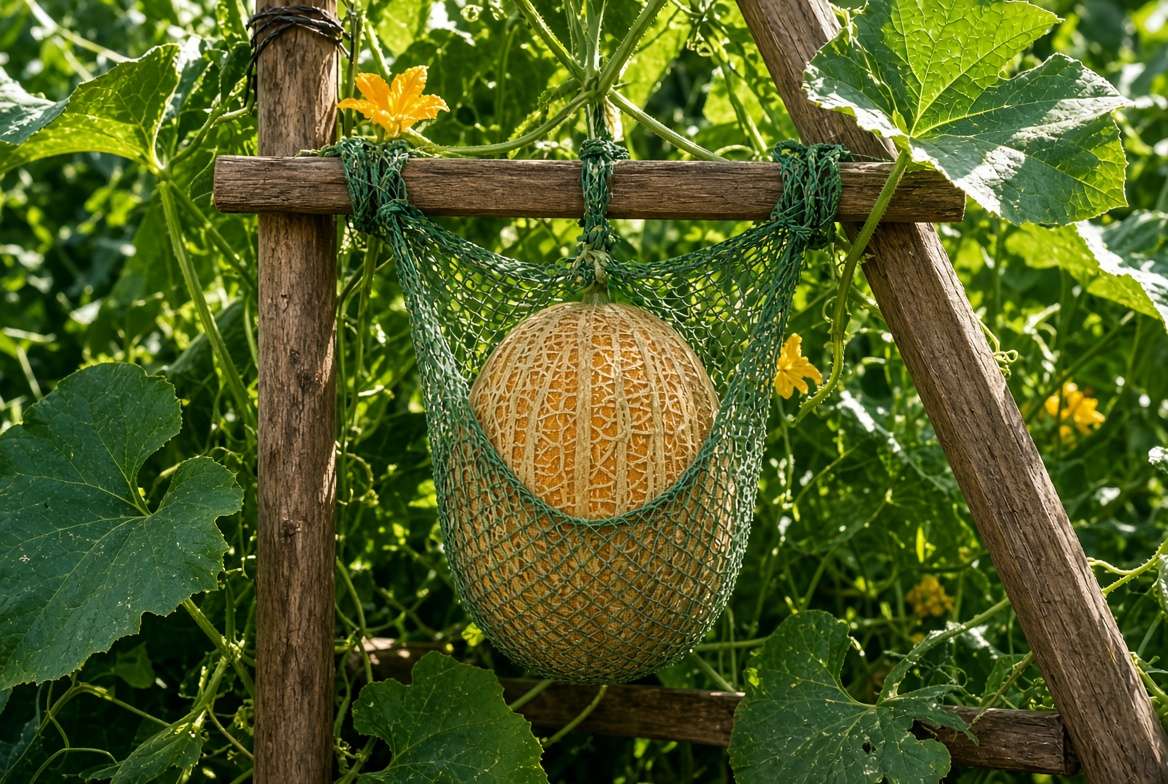 A cantaloupe melon supported by a mesh hammock on a vertical trellis structure.