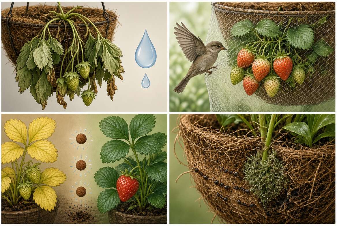 a close-up illustration guide visually demonstrating common hanging basket problems: wilting from dry soil, bird protection with netting, yellow leaves, and ant deterrence.