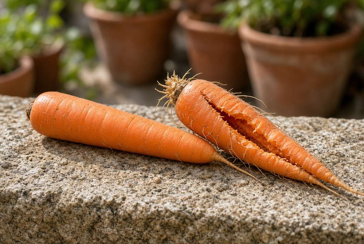A perfect, straight carrot next to a cracked and twisted carrot illustrating splitting from container growing.