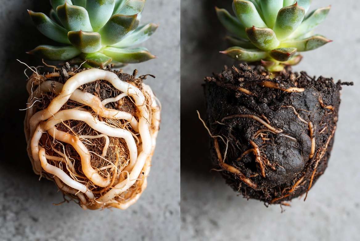 A macro comparison showing healthy, white succulent roots versus black, slimy, rotting succulent roots.