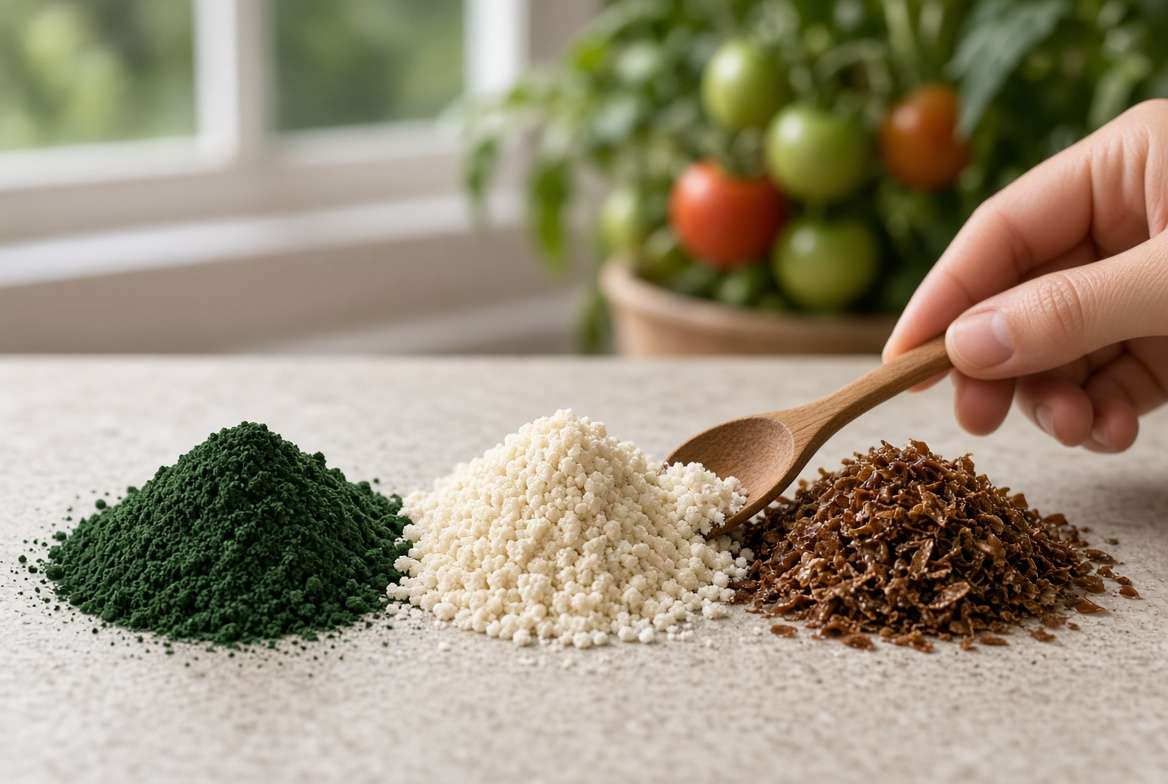 Three mounds of colorful granular organic matterβgreen, white, and brownβsymbolizing a balanced N-P-K ratio for container vegetables.