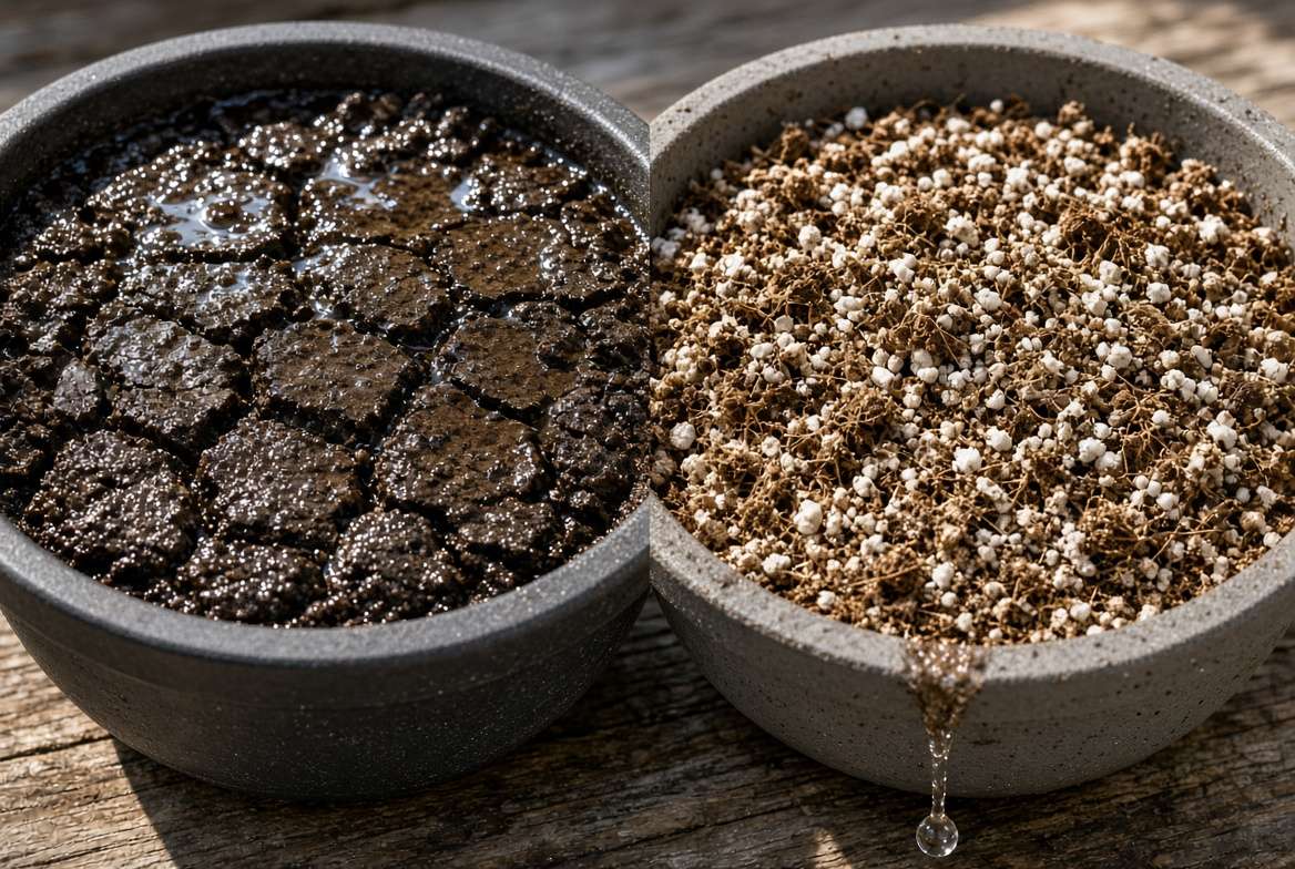 Close-up macro photograph comparing the texture of compacted garden soil where water is pooling, next to porous potting mix where water is visibly draining,