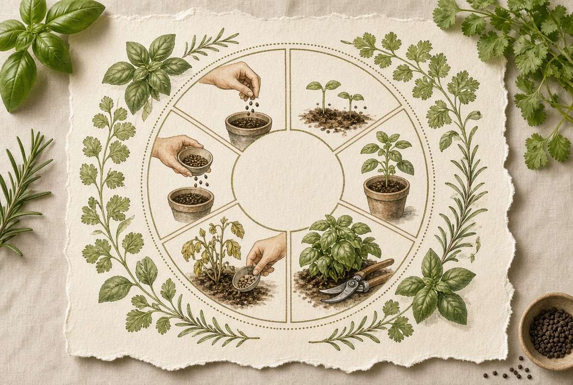 Illustrated cyclical flowchart for visualizing a continuous herb planting and harvesting schedule