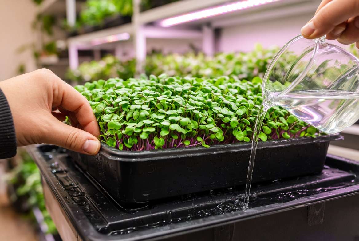 Demonstrating bottom-watering a shallow tray of broccoli microgreens by pouring water into the nested reservoir tray under LED grow lights.