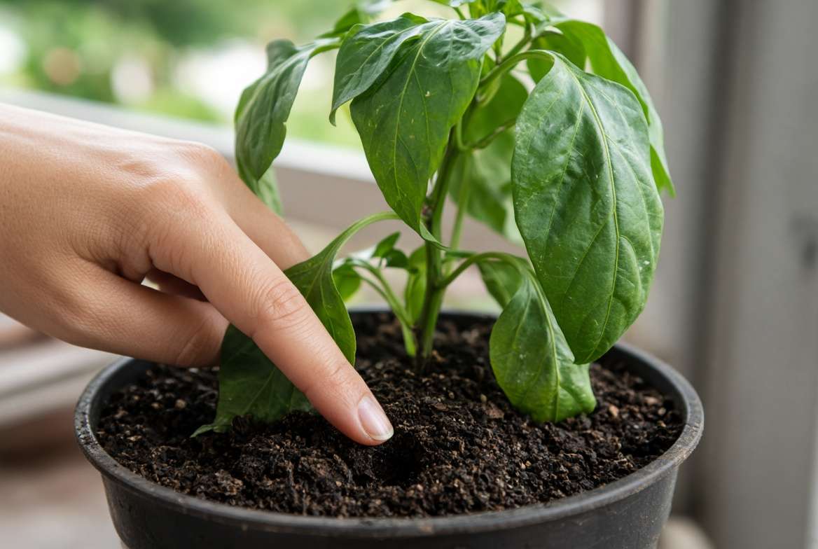 A gardener performing the knuckle test to check soil moisture levels for easy pepper varieties in container gardens.