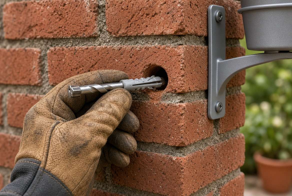 Close-up of proper masonry drilling and wall anchor installation for secure patio wall planters.