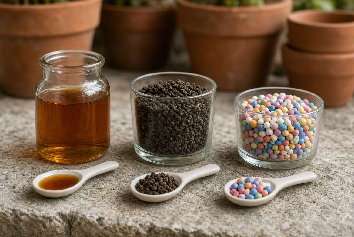 Side-by-side comparison of different fertilizer types for fruit trees: liquid concentrate, organic granular, and slow-release pellets on a stone surface.