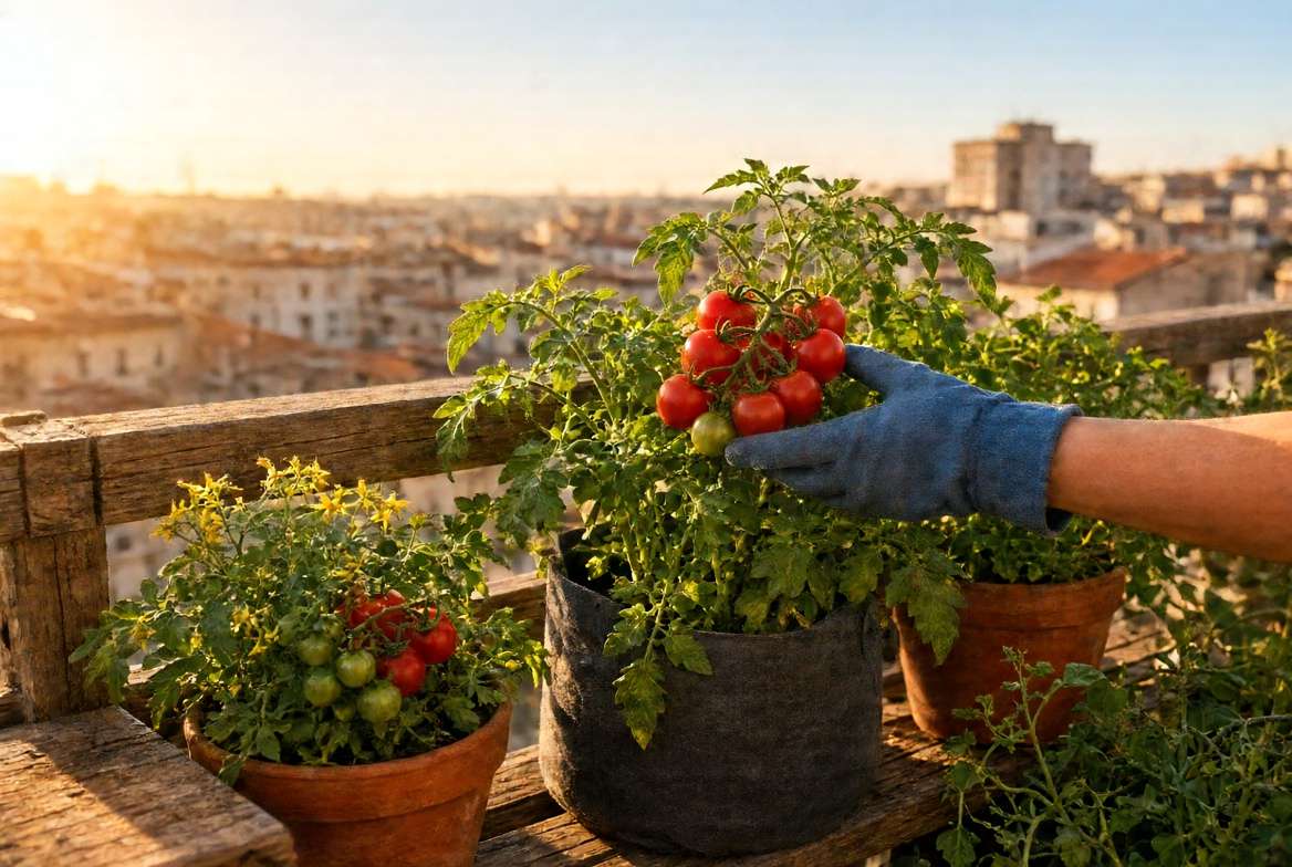 Thriving compact dwarf tomato plants in pots lining a small city balcony during golden hour.