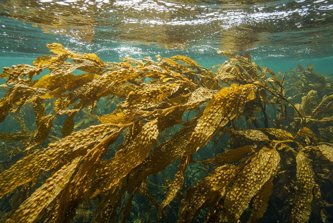 Close-up view of wet cold-water kelp (Ascophyllum nodosum) growing in clear ocean water.