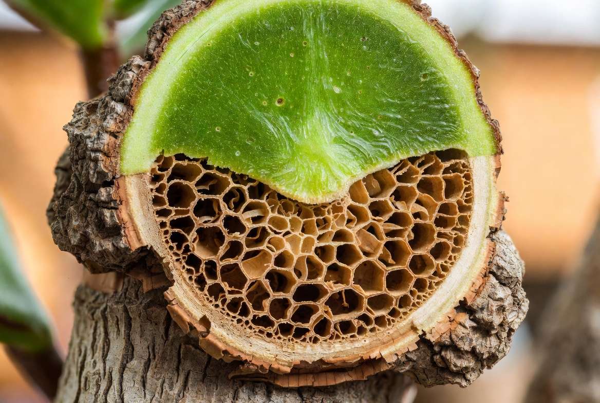 Magnified macro photograph showing the cellular transition from green succulent tissue to woody brown corking bark on a Jade plant stem.