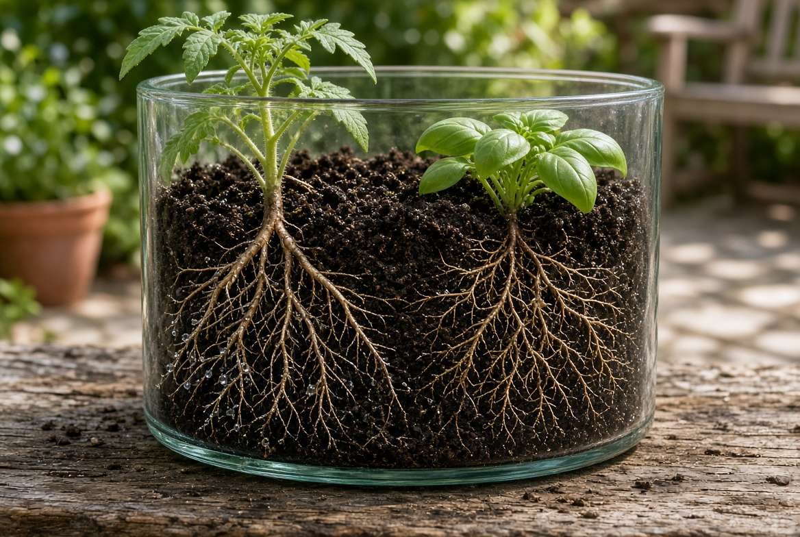 cross-section view of tomato and basil roots sharing soil in a container garden