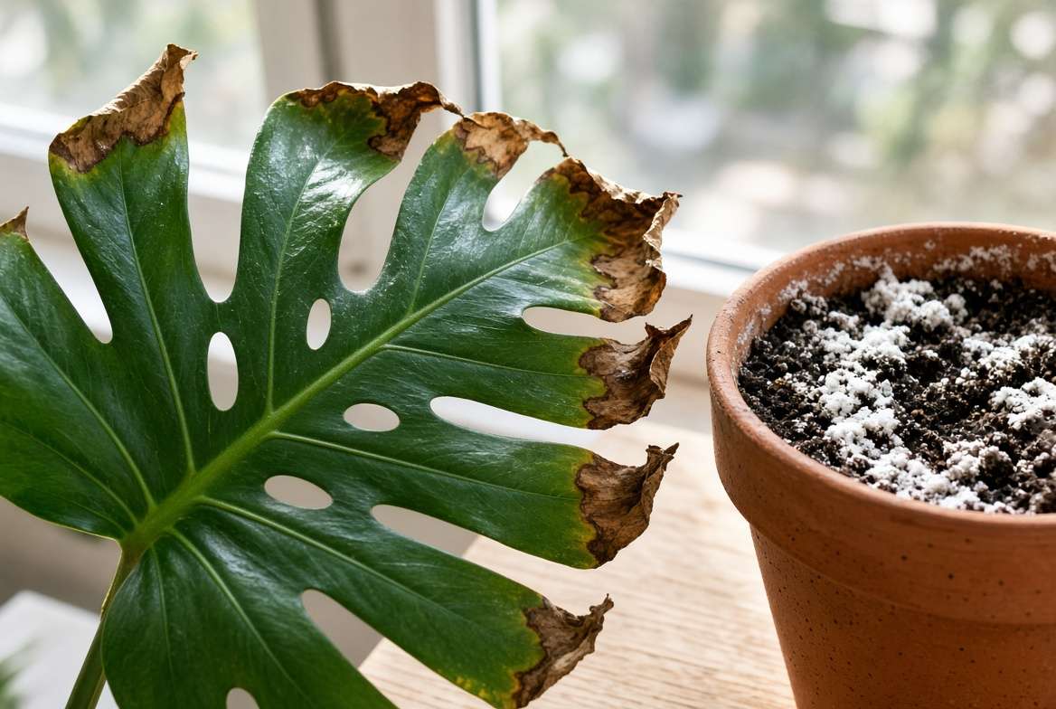 Close-up of a Monstera deliciosa leaf suffering from severe nutrient burn, showing crispy brown edges and salt buildup on soil.