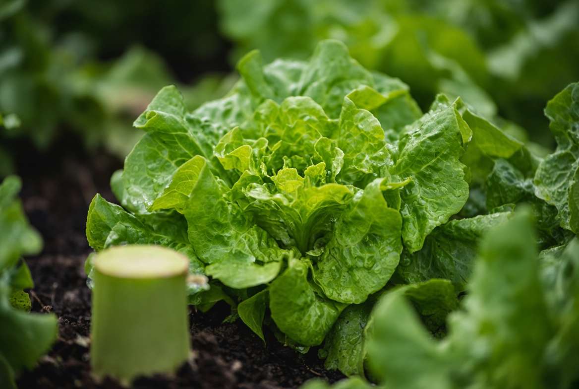 Macro close-up showing the central growing crown and basal meristem of a loose-leaf lettuce plant for repeated harvesting