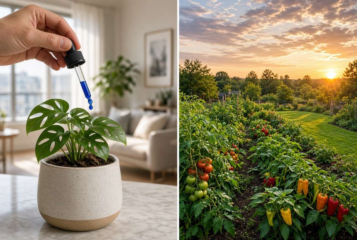 Split comparison visualizing liquid fertilizer application on an indoor houseplant vs. a wide, flourishing outdoor vegetable garden and lawn.