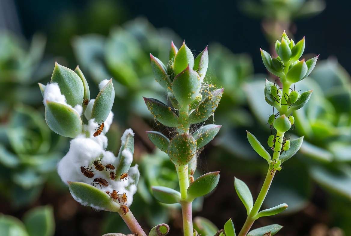 Close-up macro view comparison of mealybugs, spider mites webbing, and aphids damage on succulent leaves for identification.