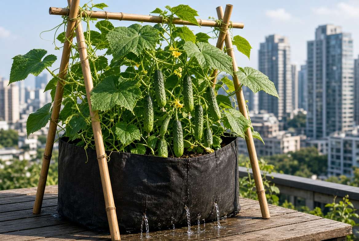 Vertically growing cucumber plant on a trellis in a balcony container.