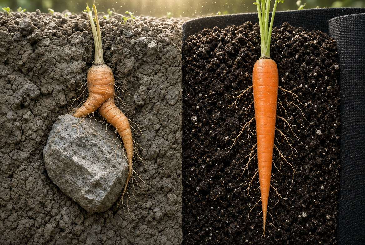 A cross-section comparing a stunted, twisted carrot growing in rocky clay soil to a perfectly straight carrot growing easily in loose, fluffy container mix.