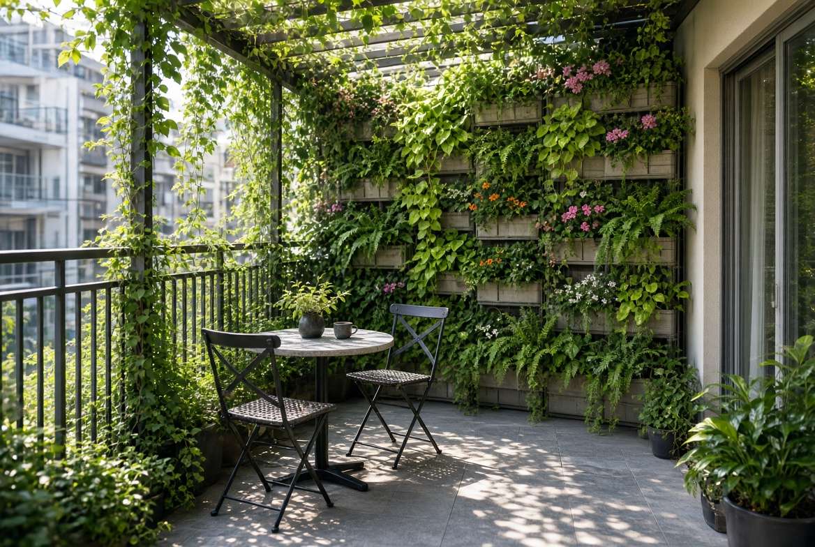 Small urban balcony transformed into a lush garden oasis using extensive wall-mounted planter systems.
