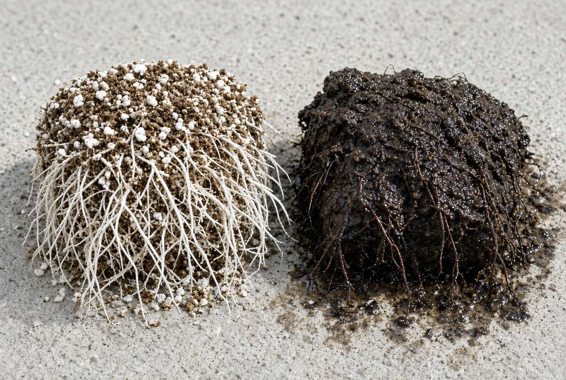 Side-by-side comparison of healthy white plant roots versus brown, rotting plant roots due to soil oversaturation.