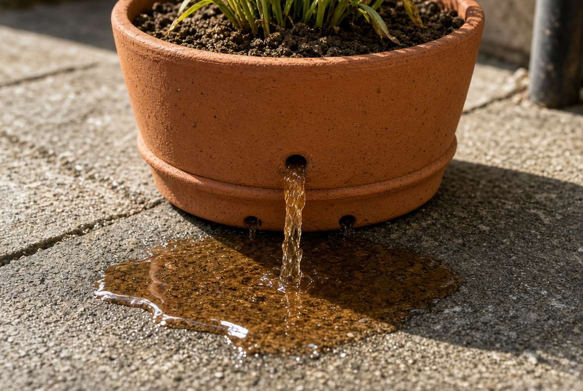Water leaching nutrients out of the drainage holes of a potted container plant.